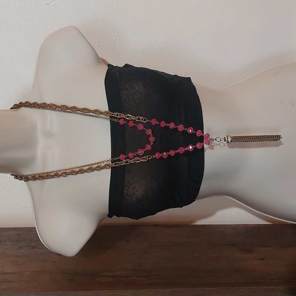 Layered Statement Necklace With Gold Tone Tassel and Fuchsia Pink Beads Accent